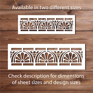 May include: Two white rectangular stencils featuring a repeating fan-like arch pattern with cutouts. The text reads: Available in two different sizes. Check description for dimensions of sheet sizes and design sizes.