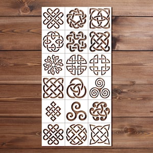 May include: A collection of sixteen Celtic knot designs in various patterns. Each design is a brown, interwoven knot on a white square. The background is a wooden surface.