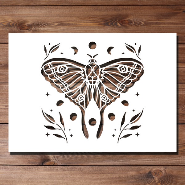 Moth Moon Cycle Stencil - A4 A3 Size 190 Micron Mylar Reusable Flexible Home Decor Craft Mystical Crystal Butterfly Pattern Fabric Painting