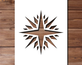 May include: A white paper cutout of a star with a geometric design. The star has a sharp, pointed centre and radiating points.