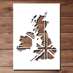 May include: A white paper cutout of the United Kingdom with the Union Jack flag design overlaid on top.