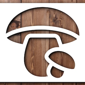 May include: A white mushroom stencil against a wooden backdrop. The stencil is cut out, showing the wood grain. The mushroom features a rounded cap, a stem, and a smaller, curved shape on the side.