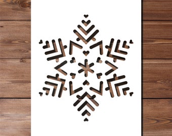 May include: A white paper cutout of a snowflake with a detailed geometric design. The snowflake is symmetrical and has a six-pointed star shape.
