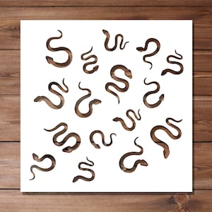 May include: White background with a repeating pattern of black snake silhouettes. The snakes are all different sizes and shapes, and they are arranged in a random pattern.