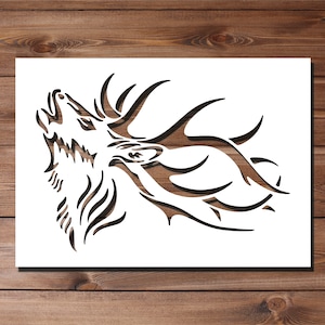 May include: A white stencil of a stylised deer head with antlers. The deer is facing to the right and has its mouth open as if it is roaring.