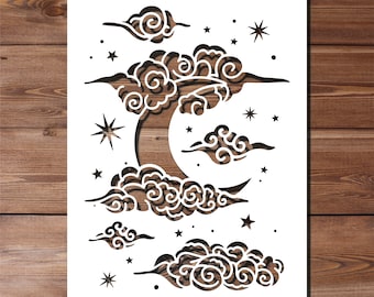 Plantilla Luna entre Nubes - Tamaño A4 A3 190 micras Mylar Reutilizable Flexible Decoración del hogar Manualidades Cielo nocturno Estrellas Patrón de media luna Pintura sobre tela