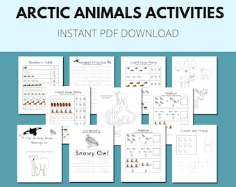 Feuilles de travail et feuilles d'activités sur les animaux de l'Arctique pour enfants, animaux de l'hiver, à imprimer pour l'école à la maison pour pratiquer les chiffres, les lettres et le coloriage