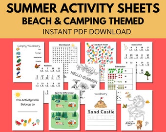 Fiches d'exercices en camping sur la plage : maths, vocabulaire, coloriage (PDF)