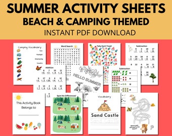 Feuilles d'exercices et feuilles d'activités sur le thème de la plage et du camping en été pour enfants, feuilles d'exercices à imprimer pour l'école à la maison : mathématiques, vocabulaire, coloriage, etc.