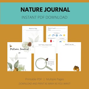 May include: Printable nature journal PDF download with multiple pages. The cover features a watercolor illustration of leaves, acorns, and a bee. The pages include sections for recording observations, reflections, and drawings.