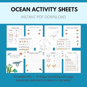 Ocean Themed Worksheets and Activity Sheets for Kids, Homeschool printable worksheets to practice numbers and letters, Ocean coloring Pages