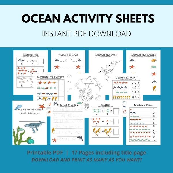Ocean Themed Worksheets and Activity Sheets for Kids, Homeschool printable worksheets to practice numbers and letters, Ocean coloring Pages