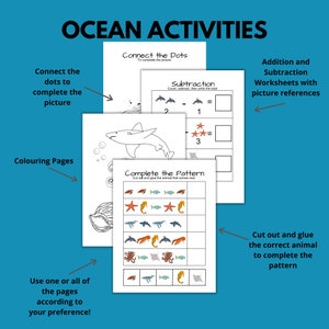 Peut inclure: Un ensemble de feuilles d'activit&eacute;s sur le th&egrave;me de l'oc&eacute;an imprimables pour les enfants. Les feuilles comprennent des activit&eacute;s de points &agrave; relier, de coloriage, de soustraction et de correspondance de motifs. Les activit&eacute;s pr&eacute;sentent divers animaux marins comme des requins, des hippocampes et des &eacute;toiles de mer.
