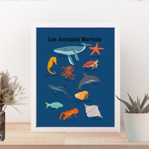 SPANISH Marine Animals Poster for Wall Art or classroom decor. Ocean Themed Wall Art, Bilingual Education Resource