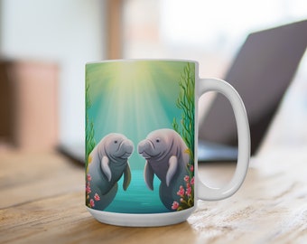 A Manatee Mug is a unique gift for your favorite Floridian, colorful 15 ounce ceramic coffee cup for him or her, birthday, nature lover