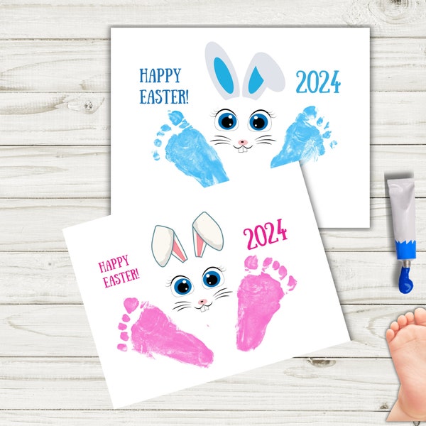 Easter Bunny Footprint Art, boy and girl DIY project, kid's wall art keepsake, baby toddler room, gift for grandparents prek daycare craft