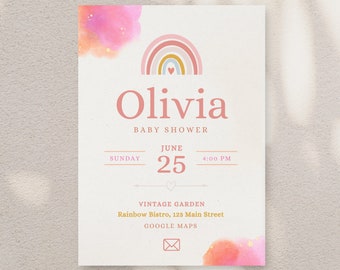 Pink Rainbow Baby Shower Invitation, Watercolor Colorful Pink Baby Shower Invitation, Oh Baby Shower Invite, Girl Baby Shower Invite