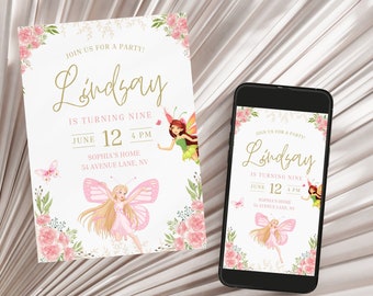 Fairies Birthday Party Invitation Template, Fairies Party Editable Invite, Forest Nymphs Invitation, Forest magical creatures, Birthday Girl
