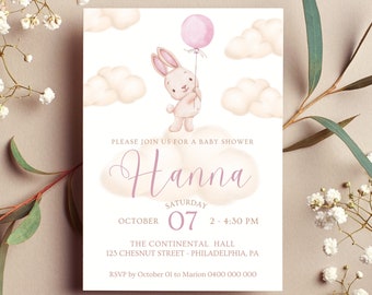 Bunny Baby Shower Invitation Bundle, Pink Boho Girl Invite, Cute bunny with balloons Invitation, Baby Girl Party Label, Baby Shower Sign