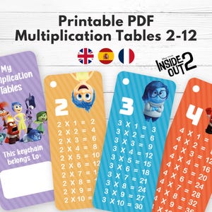 Multiplication tables for keychain, Inside Out, Mathematics, Multiplication tables to print, Maths, Tables of 1-12, French, Spanish, PDF