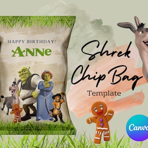 Puede incluir: Una plantilla de bolsa de patatas fritas imprimible con Shrek, Fiona, Burro y un hombre de jengibre. La plantilla tiene un fondo verde, marrón y blanco con el texto "¡Feliz cumpleaños! Anne" y "Plantilla de bolsa de patatas fritas de Shrek".