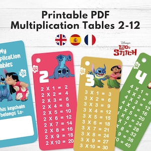 Multiplication tables for keychain, Stitch, Mathematics, Lilo, Multiplication tables to print, Maths, Tables of 1-12, French, Spanish, PDF