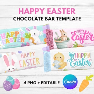 Pode incluir: Quatro embalagens de barra de chocolate imprimíveis com tema de Páscoa. Cada embalagem apresenta um fundo de cor pastel diferente com um coelho, um pintinho ou outro ícone da Páscoa. O texto nas embalagens diz "Feliz Páscoa" e "Muito amor, Mãe".