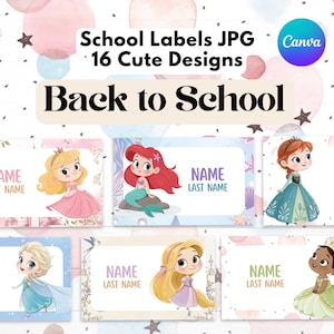 Puede incluir: Un conjunto de etiquetas escolares rectangulares con 16 diseños que incluyen ilustraciones de varias princesas y sirenas. El texto dice School Labels JPG 16 Cute Designs y Back to School. Cada etiqueta incluye espacios para Name y Last Name.