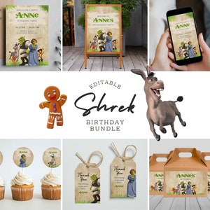 Shrek bewerkbare verjaardagsbundel, Shrek Party uitnodiging, Shrek bewerkbare uitnodiging, Shrek Tags, Shrek Party decoratie, Shrek Party Signs