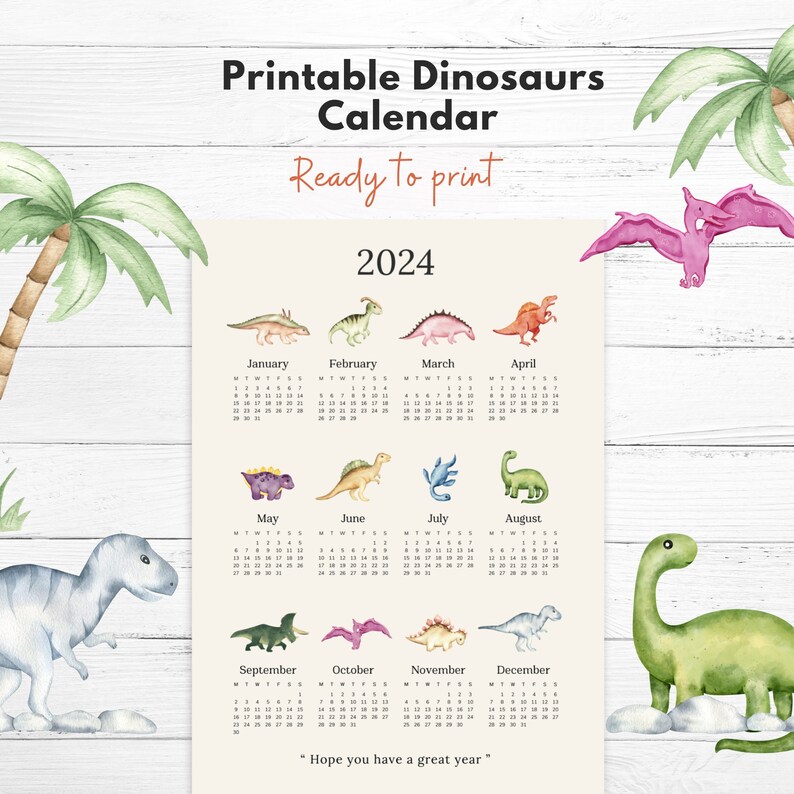 2024 Printable Dinosaurs Calendar, New Year Calendar Poster, Cute