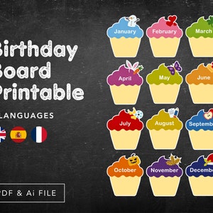 Verjaardagsbord afdrukbaar, klasdecoratie, maanden van het jaar, verjaardagscupcakes