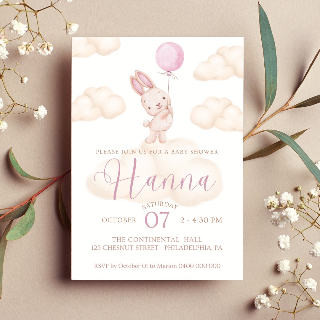 Bunny Baby Shower Invitation Bundle, Pink Boho Girl Invite, Cute Bunny ...