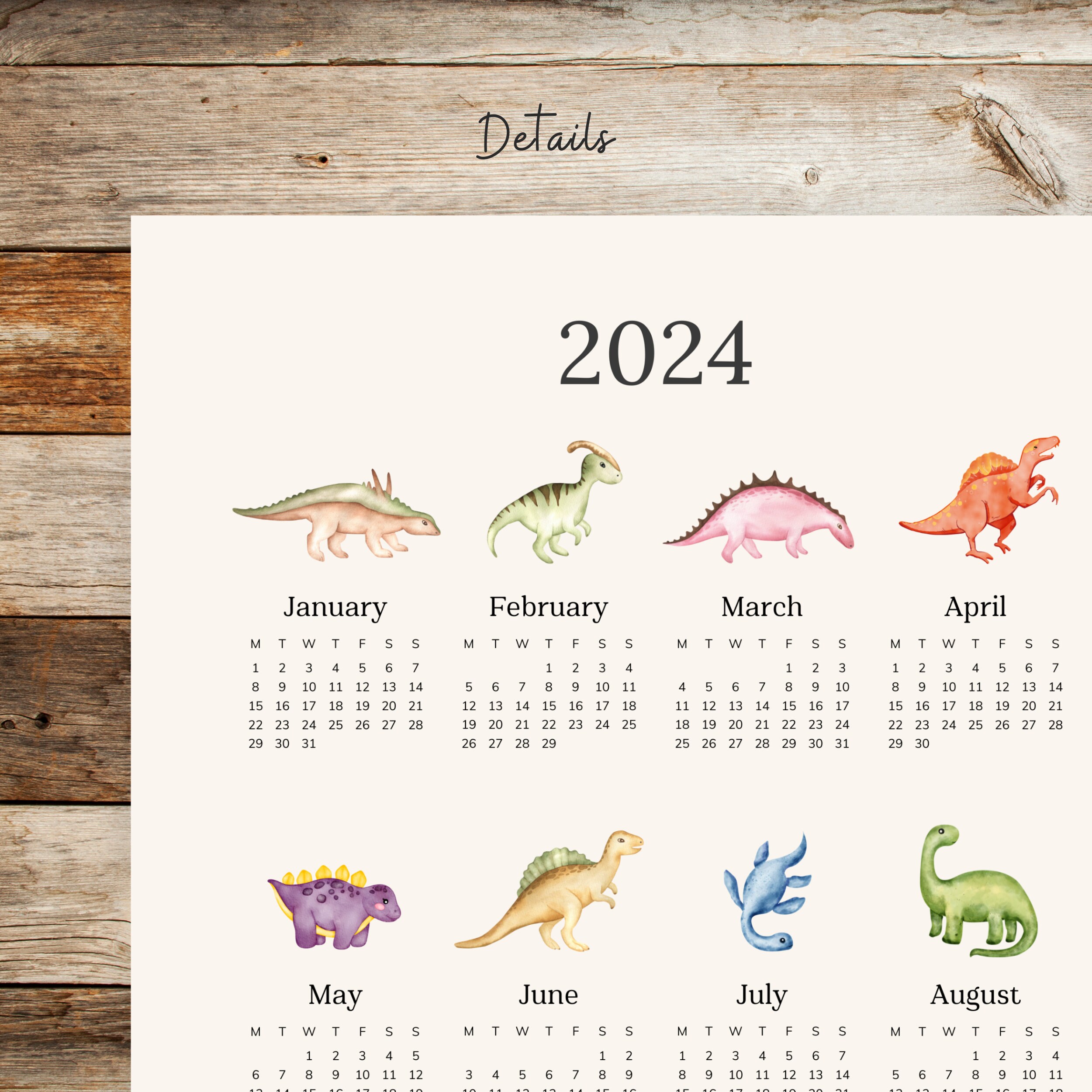 2024 Printable Dinosaurs Calendar, New Year Calendar Poster, Cute