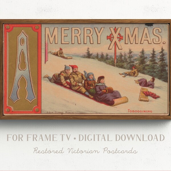 Vintage Frame TV Art Images, Christmas Antique Painting of Family Tobogganing, Merry XMAS Historical Victorian Style, Neutral Holiday Colors