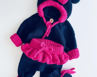 Minnie Mouse - Conjunto de punto para bebé - Niña - Sudadera - Pantalón - Patucos