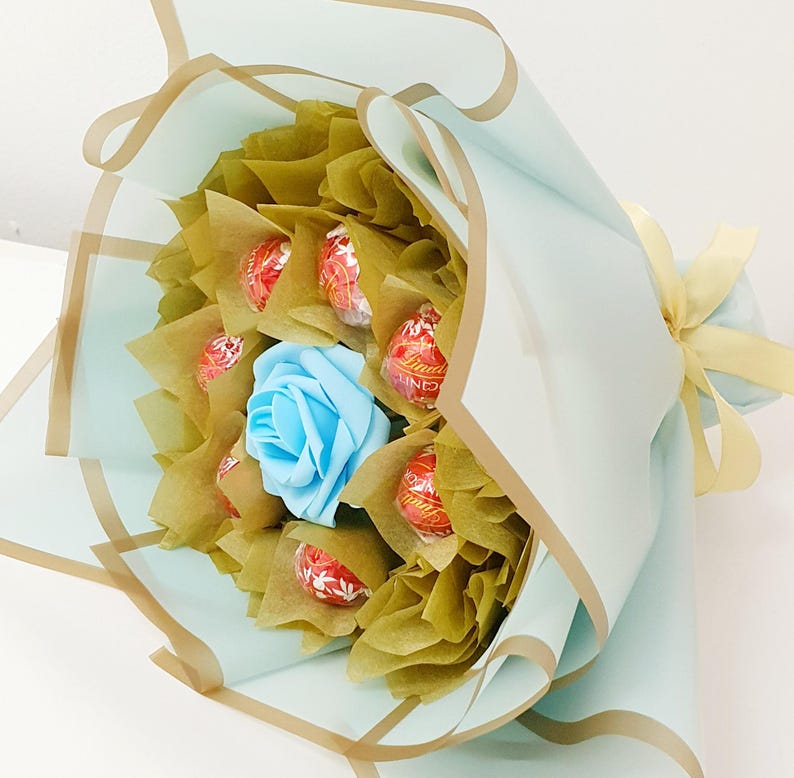 Chocolate Bouquet: Ferrero Rocher & Lindt Gift, Handmade Sky Blue