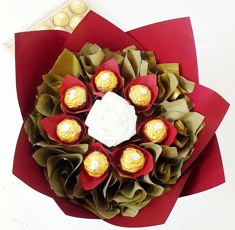 Chocolate Bouquet: Ferrero Rocher & Lindt Gift, Handmade White/Burgundy &Gold
