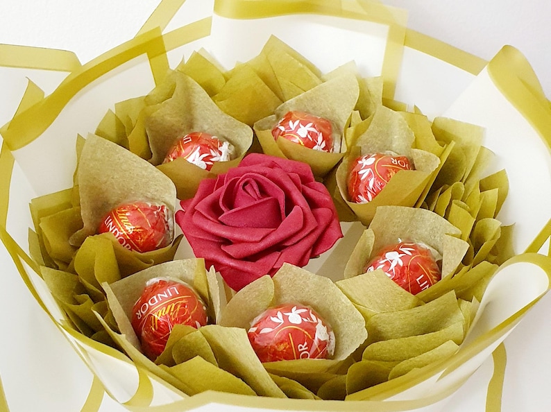 Chocolate Bouquet: Ferrero Rocher & Lindt Gift, Handmade Burgundy,White &Gold