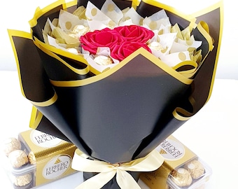Bouquet de chocolats Ferrero Rocher, fleurs artificielles