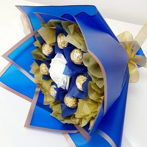 Chocolate Bouquet: Ferrero Rocher & Lindt Gift, Handmade ROYAL BLUE AND WHITE