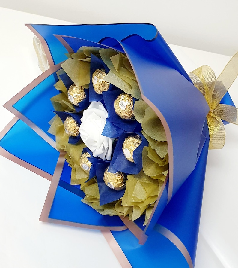Chocolate Bouquet: Ferrero Rocher & Lindt Gift, Handmade ROYAL BLUE AND WHITE