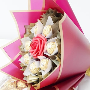 Chocolate Bouquet: Ferrero Rocher & Lindt Gift, Handmade Wine Red