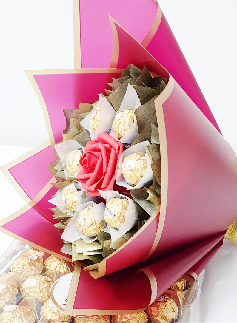 Chocolate Bouquet: Ferrero Rocher & Lindt Gift, Handmade Wine Red
