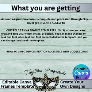 May include: Editable Canva Frames Template featuring a black and gold masquerade mask graphic. The text "Templates Masquerade" and "Editable Canva Frame" are in a white font on a black background. The text "Create Your Own Designs" is in a white font on a black background.