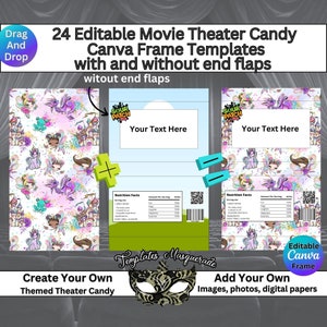 Editable Movie Theater Candy Wrappers, Canva Frames Templates, Customizable Drag and Drop Fillable.  Party favors, Candy Card, Editable nutrition facts, Editable bar codes. Boxed Candy Wrapper Templates. Editable Birthday Party Favors. DIY Designs.