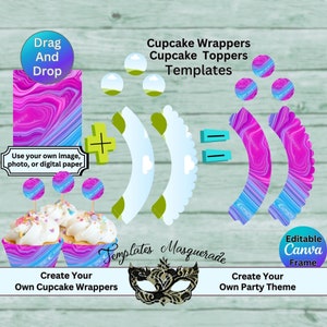 May include: Editable Canva templates for cupcake wrappers and toppers. The design features a blue and pink swirl pattern with a masquerade mask and the text "Templates Masquerade".