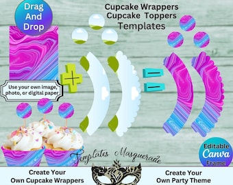 Cupcakepapiertjes en cupcaketoppers, canvassjabloon, bewerkbare sjabloon, slepen en neerzetten, afdrukbaar, cupcakevoeringen, cupcakepapier, bakvormpjes