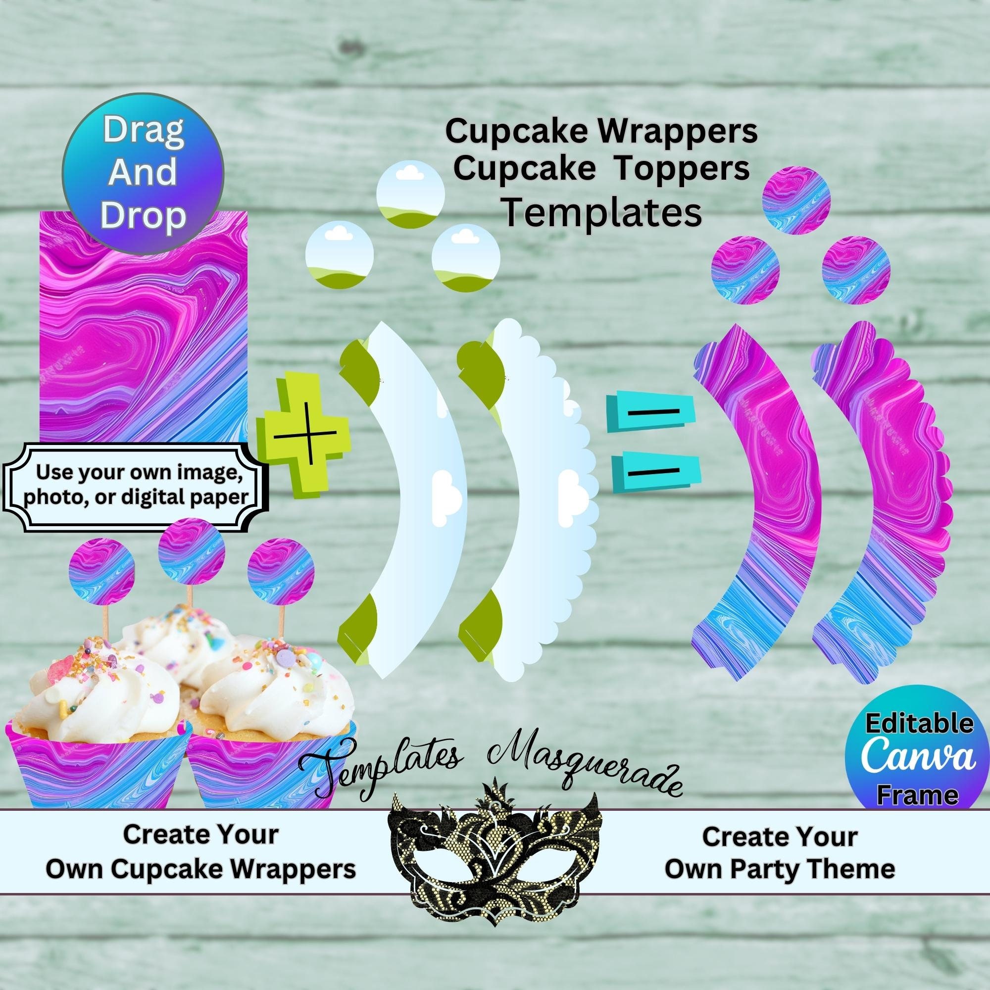 Cupcake Wrappers and Cupcake Toppers, Canva Template, Editable Template, Drag and Drop