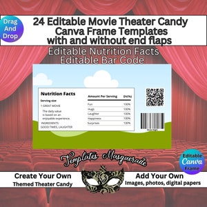 Editable Movie Theater Candy Wrappers, Canva Frames Templates, Customizable Drag and Drop Fillable.  Party favors, Candy Card, Editable nutrition facts, Editable bar codes. Boxed Candy Wrapper Templates. Editable Birthday Party Favors. DIY Designs.