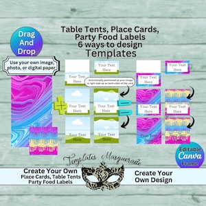 Tarjetas de lugar editables, etiquetas de comida para fiestas, carteles de mesa, personalizables, marcos de Canva, plantillas, arrastrar y soltar, imprimibles, fiestas DIY